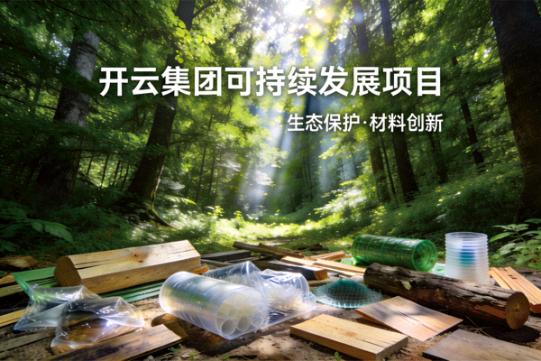 开云集团可持续发展项目，展示茂密的绿色森林与环保材料，体现生态友好理念